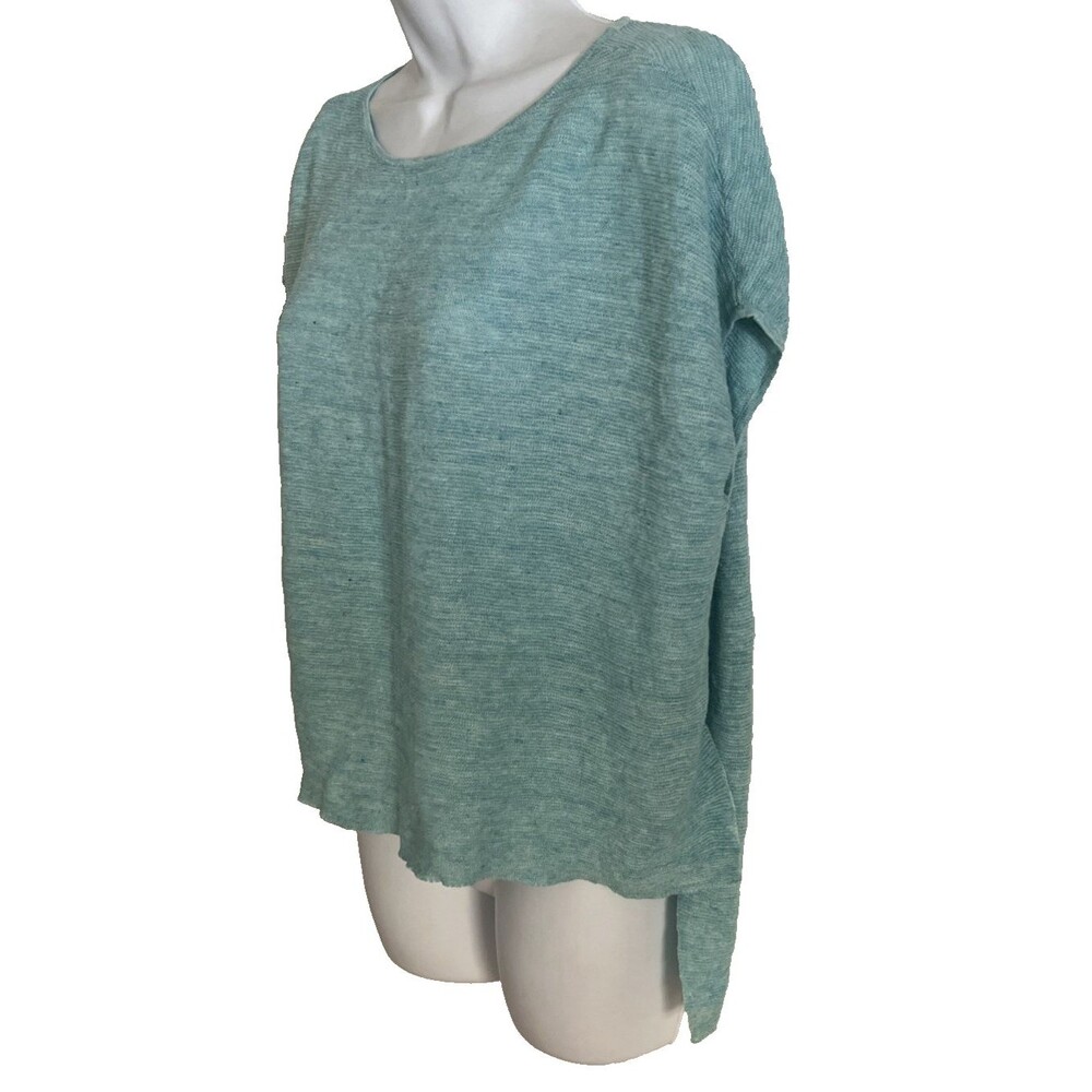 Eileen Fisher Blue Organic Linen Knit Top Sz XS Boxy Oversized Hi Lo Cap Sleeve